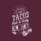 Tacos, Hot and Tasty logo. Vector vintage mexican food truck icon. Retro hand drawn hipster street snack car illustration.