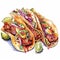 Tacos with meat, vegetables and sauce. Watercolor illustration