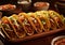 Tacos with minced beef and vegetables and salsa sauce on wooden table.Macro.AI Generative