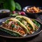 Tacos with minced meat and vegetables on dark wooden background