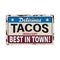 Tacos Vector retro sign template for traditional taco meal in Mexican restaurants. Hot and spicy Mexican tacos advertise