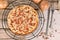 Taditional food `Tarte Flambee` or `Flammkuchen` from German-French Alsace border regiones,