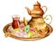 Taditional oriental teapot with turkish delight on metal copper tray, rahat lokum, lukum, two copper turkish teapots