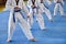 Taekwondo kids. Boys athletes in taekwondo uniforms with blue belts during a taekwondo tournament