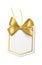 Tag with gold bow. Blank white price paper label, geometric form card with golden satin or silk ribbon, birthday