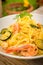 Tagliatelle with bottarga, shrimps and zucchini