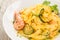 Tagliatelle with bottarga, shrimps and zucchini