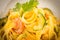 Tagliatelle with bottarga, shrimps and zucchini