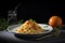 Tagliatelle pasta with bottarga. Italian Food