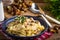 Tagliatelle pasta with forest mushrooms and chicken