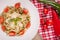 Tagliatelle pasta with vegetables. Italian food. Top down view