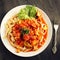 Tagliolini pasta with vegetables. Close up. Vegan.
