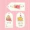 Tags with cake illustration. Vector hand drawn labes set with watercolor splashes. .