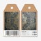 Tags design on both sides, cardboard sale labels with barcode. Golden technology pattern, dark background, connecting