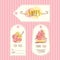 Tags with ice cream illustration. Vector hand drawn labels set with watercolor splashes.
