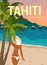 Tahiti poster with exotic girl and beautiful beach illustration