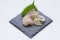 Tai Sashimi : Sliced Raw Tai Red Seabeam Fish Served with Sliced Radish on Stone Plate