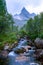 Taiga. Siberia. Mountain stream. Parking near Parabola. Photograph with long shutter speed.