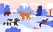 Taiga wild animals on winter nature landscape with mountain and river vector illustration, cartoon Northern animals