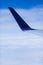 Tail of an airplane on a flight in the blue sky background. Copy space with aeroplane travel concept.