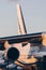 Tail rudder of Antonov 124 freighter plane at sunset