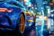 Taillight luxury blue sports car on street at night in city with rain closeup