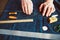 Tailor man working in his tailor shop, Tailoring, close up