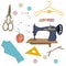 Tailor object icon set collection sewing machine scissor yarn needle pin with flat cartoon style.