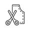 Tailor`s pattern and scissors. Linear icon of clothes cutting, dressmaking. Black simple illustration of sewing studio, fitting