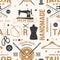 Tailor shop seamless pattern or background. Vector. Concept for sewing shop business. Design with sewing accessories