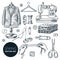 Tailored fashionable mens suit. Sewing tailor tools vector hand drawn sketch illustration. Business of making clothes