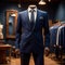 Tailored men\\\'s suits modeled on mannequin in tailor shop atelier