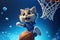 Tailspin to Triumph: A 3D Cat\\\'s Elegant Journey to Basketball Stardom on Blue Gradient Background