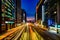 Taipei, TAIWAN - 2 Oct, 2017: Taipei Main road in the twilight time with building and lightbow environment and traffic car light