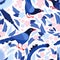 Taiwan blue bird among the leaves and pink flowers seamless pattern. Azure magpie is the symbol of Taiwan. Background from exotic