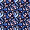 Taiwan blue bird among the leaves and pink flowers seamless pattern. Azure magpie is the symbol of Taiwan. Background from exotic