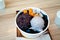 Taiwanese flavor dessert, Shaved Ice topping with taro ball, sweet potato ball, grass jelly and scoop of taro ice cream