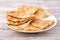 Taiwanese food - delicious flaky scallion pie pancakes on bright wooden table background