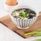 Taiwanese food - Homemade delicious seaweed egg drop soup in a bowl on a serving tray