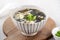 Taiwanese food - Homemade delicious seaweed egg drop soup in a bowl on a serving tray