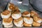 Taiwanese pan fried pork buns Sheng Jian Bao at food street market in Kaohsiung, Taiwan.