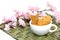 Taiyaki cakes in coffee cup with cherry blossom,Japanese confectionery