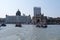 Taj Mahal hotel, Gateway of India and tourist boats in water of Arabian Sea in Mumbai