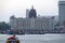 Taj Mahal hotel and tourist boats in water of Arabian Sea in Mumbai