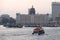 Taj Mahal hotel and tourist boats in water of Arabian Sea in Mumbai