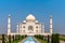 The Taj Mahal is an ivory-white marble Islamic mausoleum.