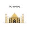 The Taj Mahal is an ivory-white marble mausoleum. Business travel and tourism concept with modern buildings in white background.