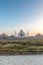 Taj Mahal and outlying buildings as seen from across the Yamuna