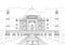 Taj Mahal is a palace in India. Landmark, architecture, Hindu temple. Mosque. Linear drawing, in black and white style. Vector ill