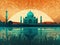 Taj Mahal at sunset with reflection in water, vector illustration